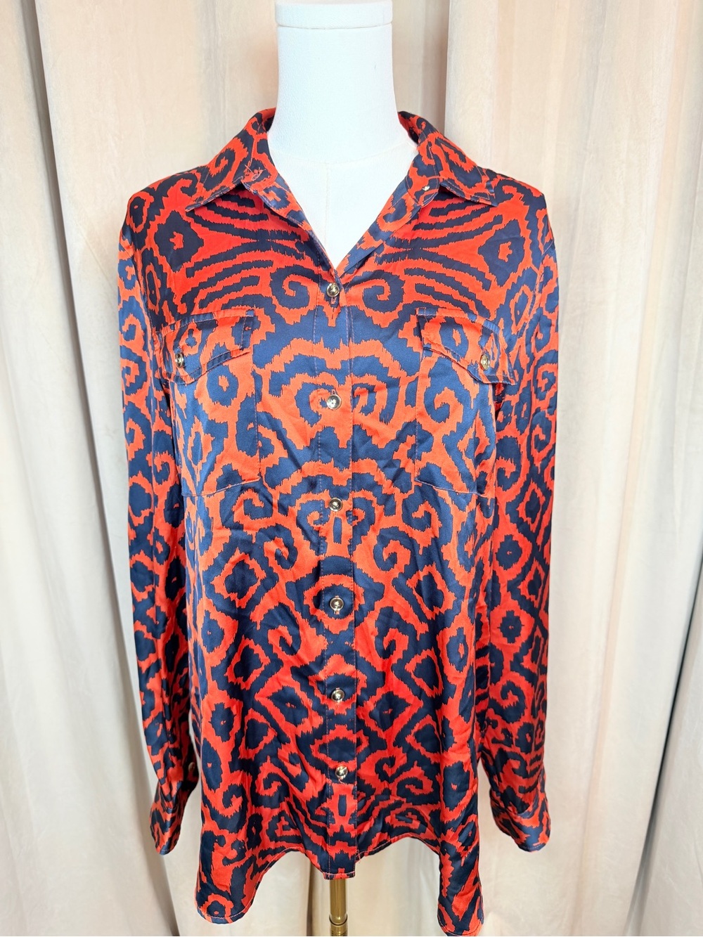 Jones New York Red and Navy Abstract Animal-Print Blouse